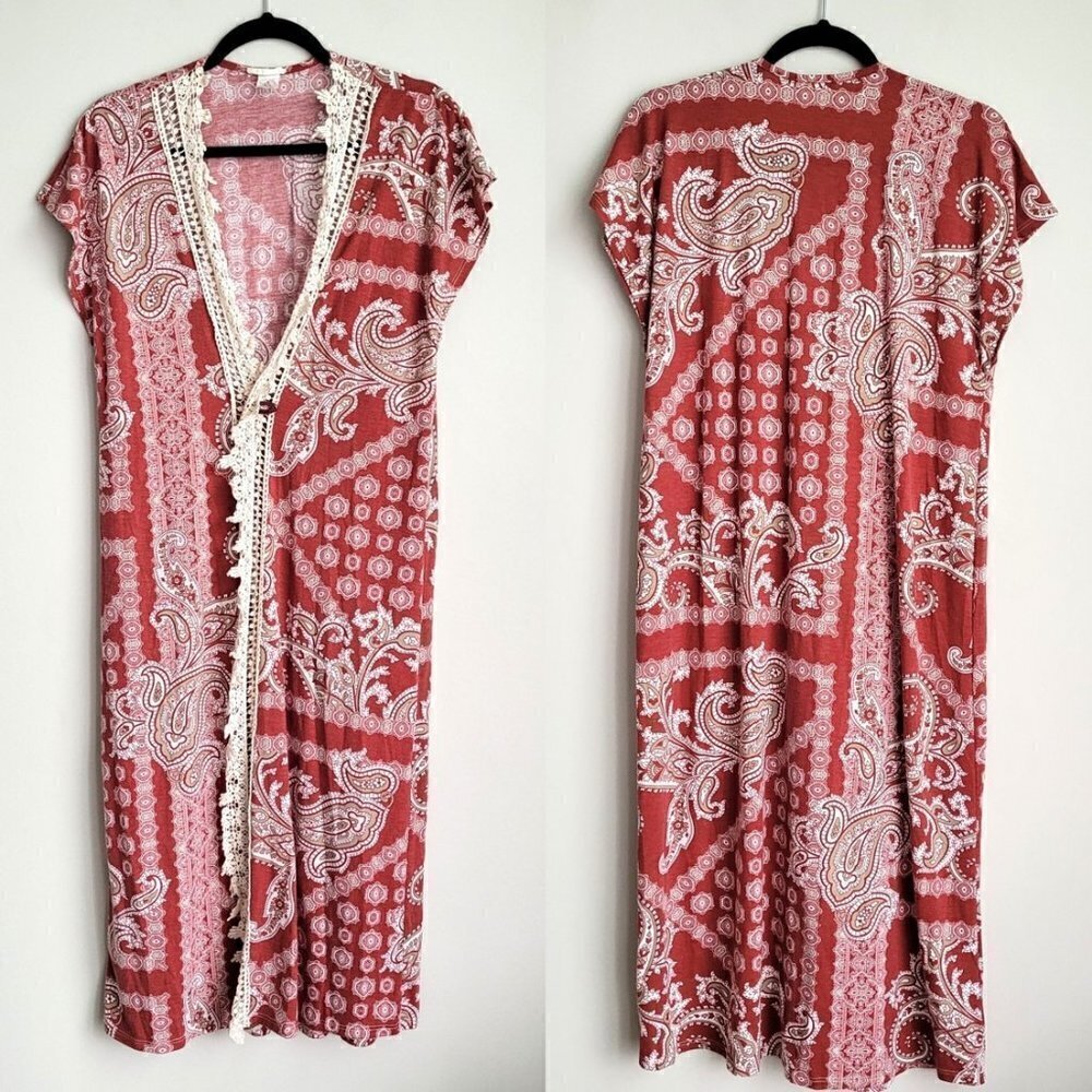 HoneyLee Boho Paisley Print Crochet Lace Open Front With Button Pin Cardigan Top